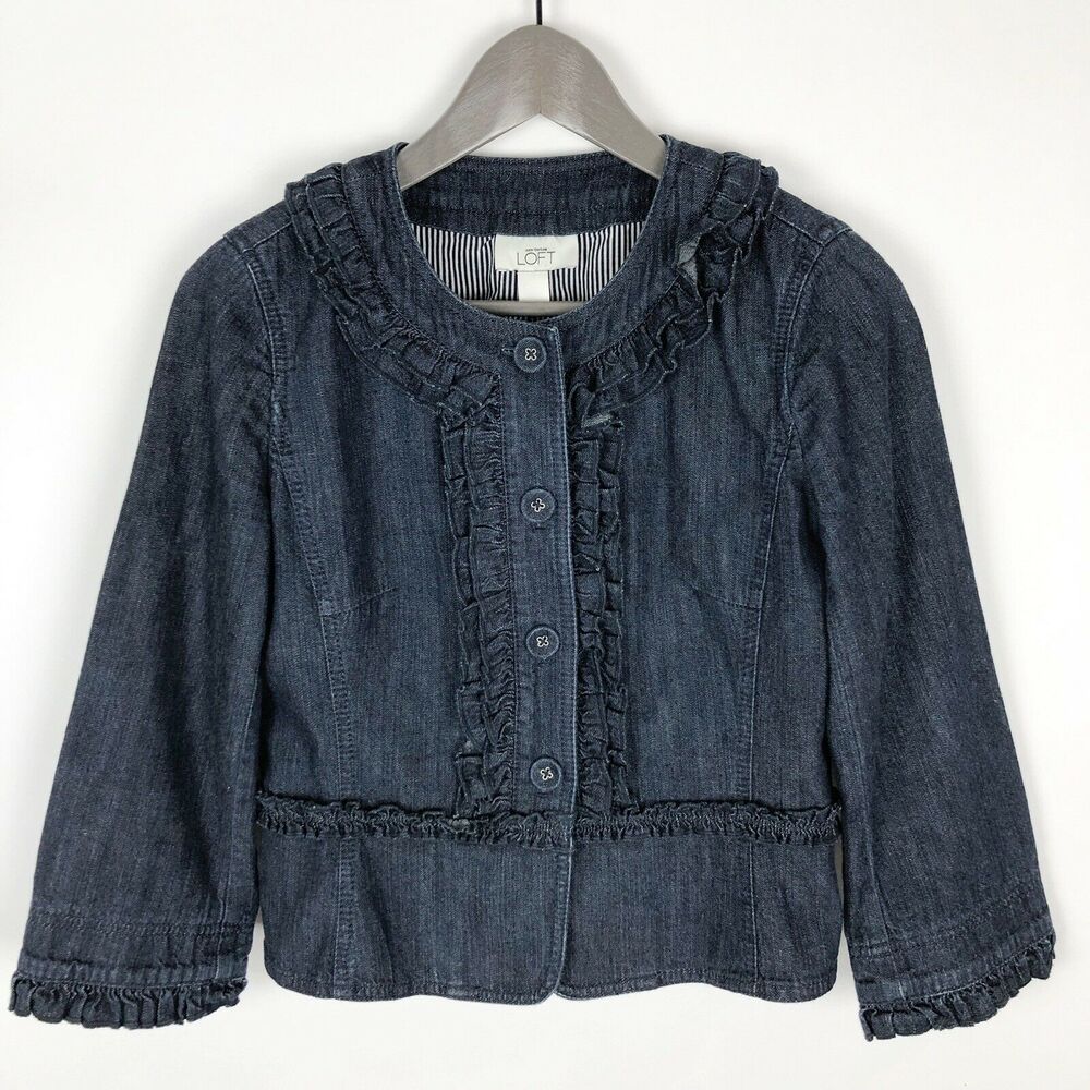 LOFT Womens Dark Wash Ruffle Neck Button Front Y2K Denim Jacket